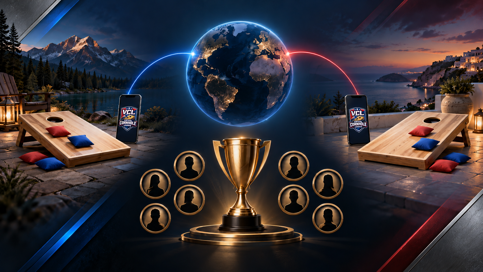 Illustration of cornhole boards, bags, and phones showing the VCL logo in separate locations connected through a globe, with a trophy surrounded by participant medallions